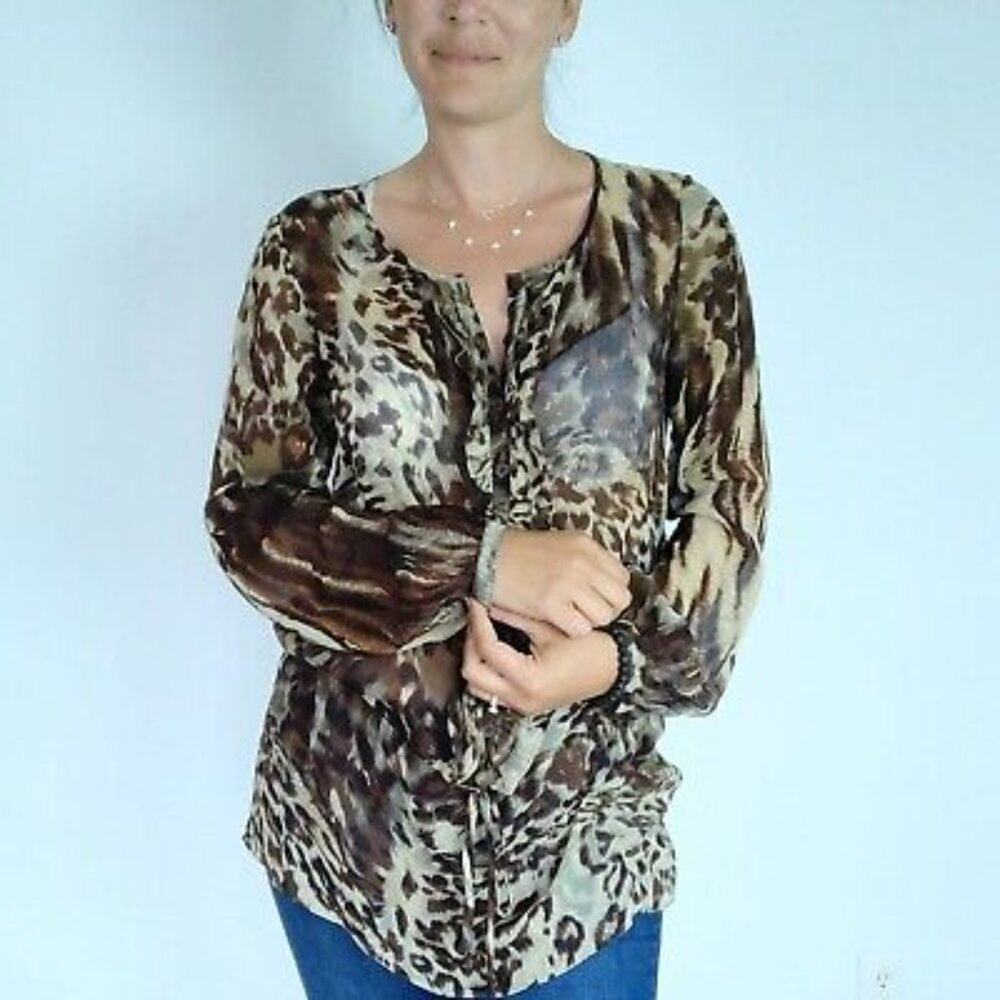 CAbi Brown Animal Print Long Silk Tunic Top 806 Sheer Size Small